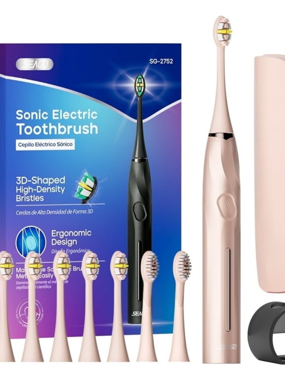 Sonic Electric Toothbrush - Pink Rechargeable Brush with Multiple Heads